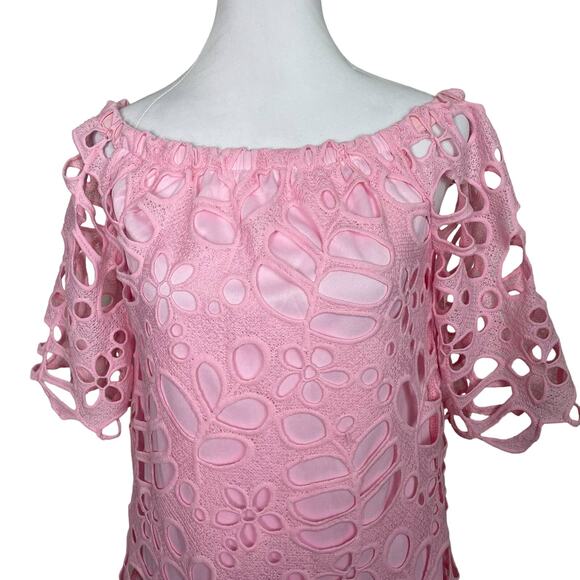 PrettyGarden Pink Off the Shoulder Open Lace Flare Mini Dress Size S NEW - Picture 2 of 10